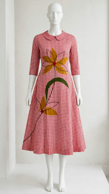 RED CHECKS BIG FLOWER APPLIQUE GOWN