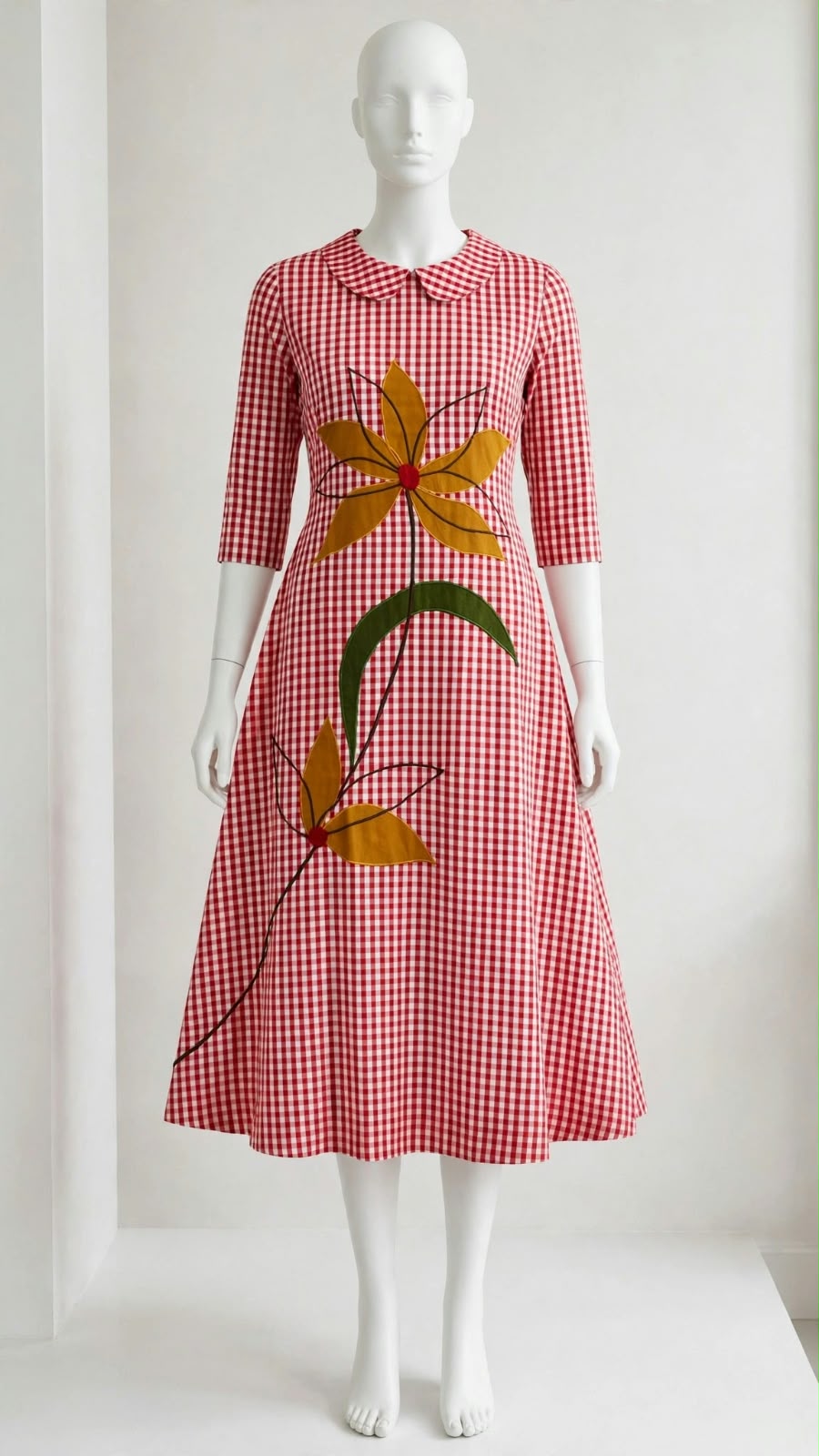 RED CHECKS BIG FLOWER APPLIQUE GOWN
