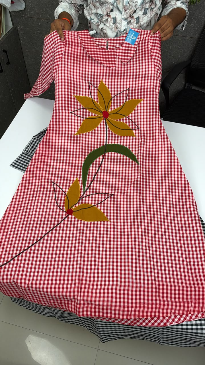 RED CHECKS BIG FLOWER APPLIQUE GOWN
